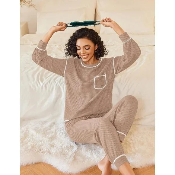 Women Cream Pajamas Set Waffle Knit Long Sleeve Lounge Set 2 Piece Pj Loungewear
